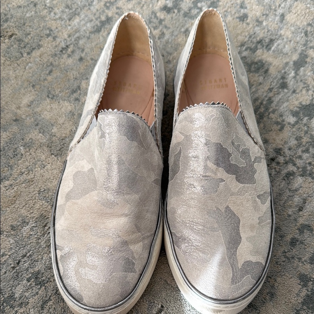 Stuart Weitzman Silver Slip-On Sneakers with Elastic Panels